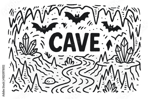Cave is a black and white drawing of a cave with bats and crystals