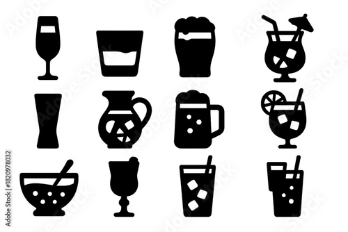 Solid Party Drink Icons. Solid style icons of Party drinks: champagne flute, whiskey glass, beer pint, rum cocktail, tequila shot,
