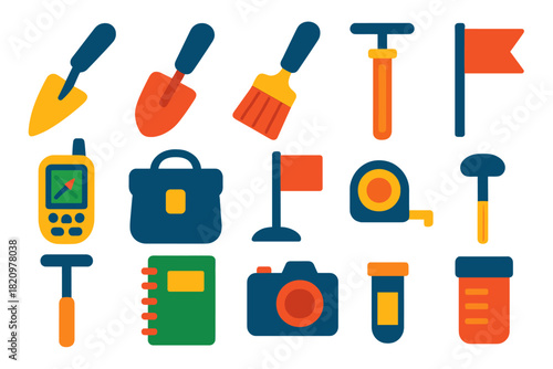 Fieldwork Tools Icons. Flat vector icons of fieldwork and sampling tools: trowel, hand shovel, brush, core sampler, GPS device,