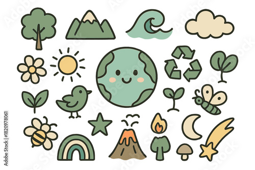 Collection of cartoonish drawings of various plants and animals