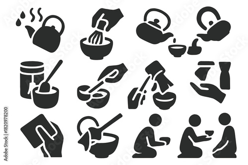 Tea Ceremony Icons. Solid style icons of Tea preparation steps: boiling water, whisking matcha, pouring tea, cleaning tools,