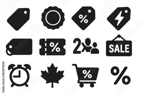 Solid Sale Icons. Solid style icons of Sale and promotions: price tag, sale badge, discount label, flash deal icon, limited offer