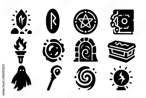 Mystic Underground Icons. Solid style icons of Mystic Underground Chamber: floating crystal, glowing rune, magic circle, chained