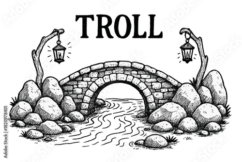 Bridge with a river running underneath it and the word troll written above it