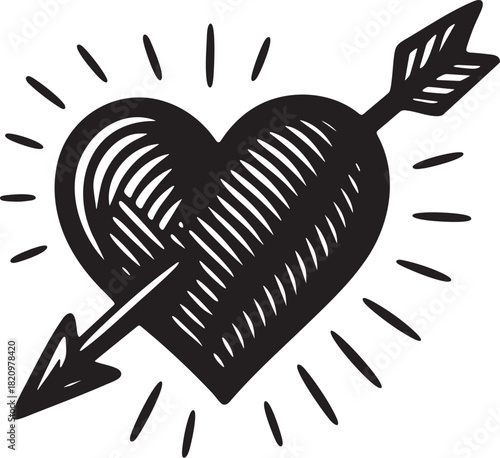 Black and white linocut heart pierced by arrow with radiating lines for Valentine artwork greeting designs and romantic product packaging