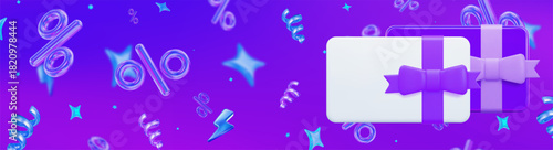 3d flying neon percent signs with gift card on holographic isolated background. Horizontal banner. Stock vector illustration.	