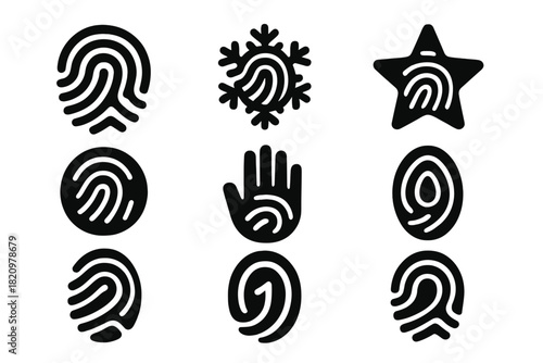 Unique Fingerprint Icons. Solid style icons of Uniqueness: unique fingerprint, snowflake fingerprint, star fingerprint, individual