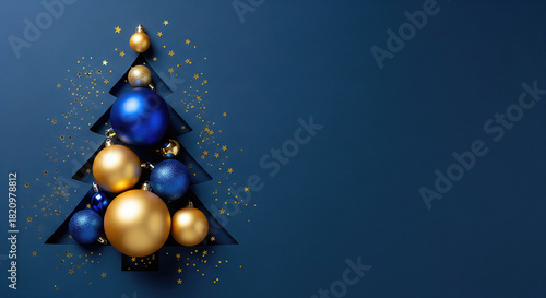 A sparkling, modern Christmas design featuring a pine tree silhouette cut out against a blue background, decorated with gold and blue balls. Holiday background.