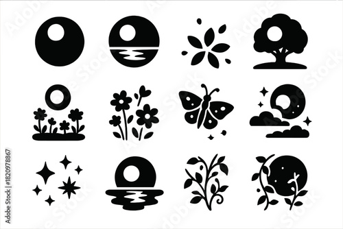 Moonlit Night Serenity. Solid style icons of Moonlit Scenery: full moon, night horizon, calm pond, tree silhouette, flower meadow,