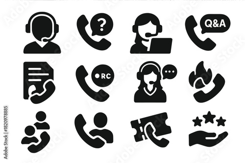 Call Center Icons. Solid style icons of call center and support: headset agent, support phone, help desk icon, FAQ call, call