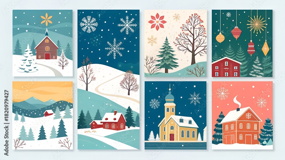 Obraz premium an assortment of golden and white snowflakes. The rightmost card uses a rich, dark teal background, decorated with a white gift box