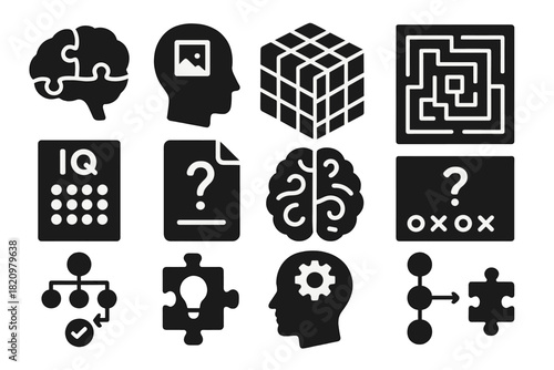 Mind Challenge Icons. Solid style icons of Mind challenges: brain with puzzle, memory icon, logic cube, maze symbol, IQ test,