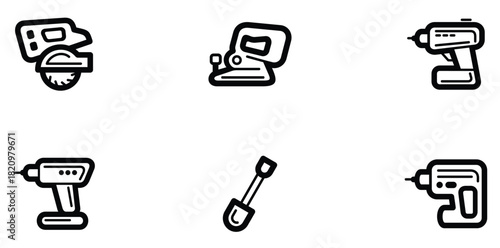 Tools construction equipment repair diy renovation building industry hardware power tools saw drill shovel maintenance improvement project carpentry workshop engineering mechanic black white
