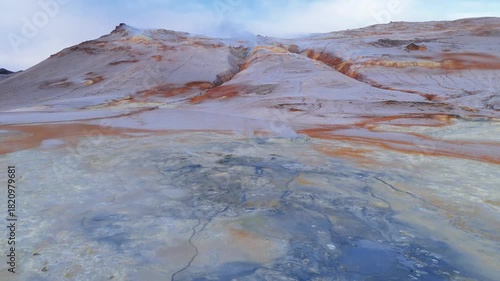 Wallpaper Mural Drone shot over Iceland’s Hverir geothermal fields, revealing dramatic steam vents, colorful sulfur textures, and raw volcanic energy in a surreal otherworldly landscape. Torontodigital.ca