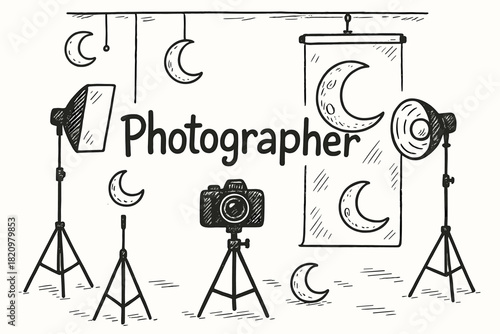 Black and white drawing of a photographer's studio with a camera and lights