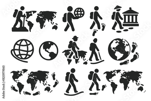 Global Travel Icons. Solid style icons of Global journeys: hiking world map, traveler with globe, footsteps across map, trail