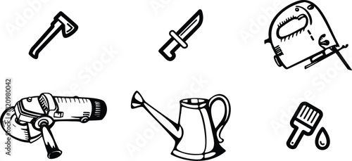 Axe knife jigsaw grinder wateringcan paintbrush tools equipment construction carpentry woodworking diy repair renovation building maintenance hardware gardening painting homeimprovement industry