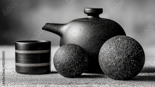 A still life composition featuring a black ceramic teapot, a matching cup, and two textured spherical objects arranged on a woven surface. The lighting is drama