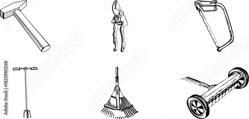Gardening tools hammer pruners saw spading fork rake lawn roller equipment maintenance yard work landscaping horticulture agriculture farming cultivation planting harvesting garden design diy project
