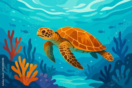 Serene Sea Turtle. Vibrant underwater scene with vector illustration a sea turtle swimming in a clear turquoise ocean, serene and