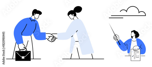 Businesspeople shaking hands, colleague presenting with pointer, and contract exchange. Ideal for teamwork, communication, agreement, leadership, cooperation negotiation and partnership. Minimal