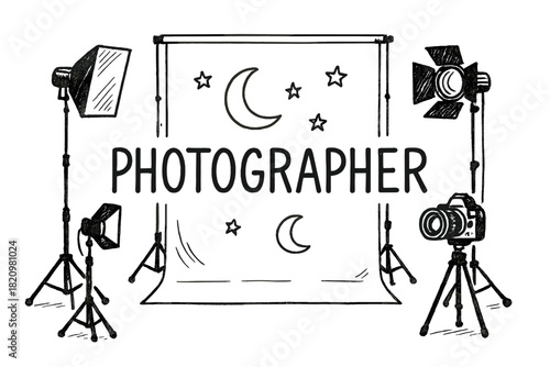 Black and white photo of a photographer's studio with a backdrop of stars