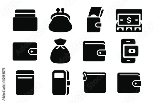Payment Accessories Icons. Solid style icons of Payment accessories: card holder, coin purse, money clip, cash register drawer,