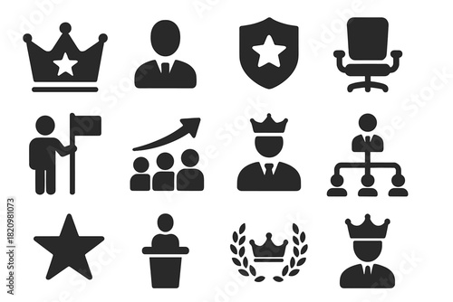 Leadership Icons Collection. Solid style icons of Leaders: crown with star, leader figure, authority badge, boss chair, guide flag