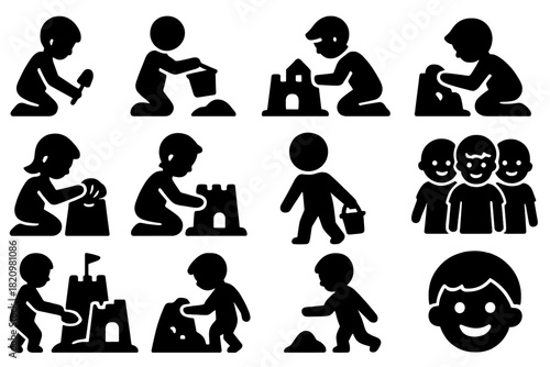 Kids Sandcastle Fun. Solid style icons of Kids Building: child with spade, bucket filling, pouring water, shaping sand, carving