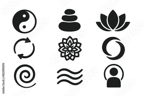 Spiritual Balance Icons. Solid style icons of Spiritual Balance: yin yang stone, balanced stack, lotus symbol, energy flow,