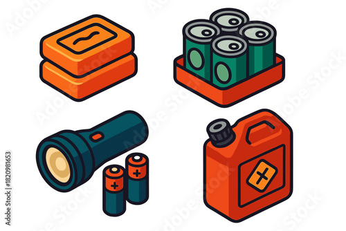 Collapse-Era Trade Goods. Isometric vector illustration set Collapse-Era Trade Goods: Soap bar stack, canned food pack, flashlight