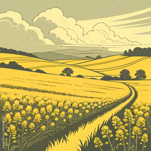 Stylized illustration of a winding dirt path through a vibrant yellow rapeseed field under a cloudy sky