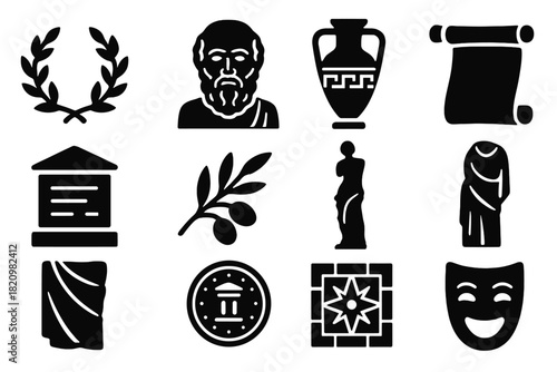Ancient Greek Icons. Solid style icons of Ancient Greek Features: laurel wreath, philosopher bust, amphora vase, scroll icon,