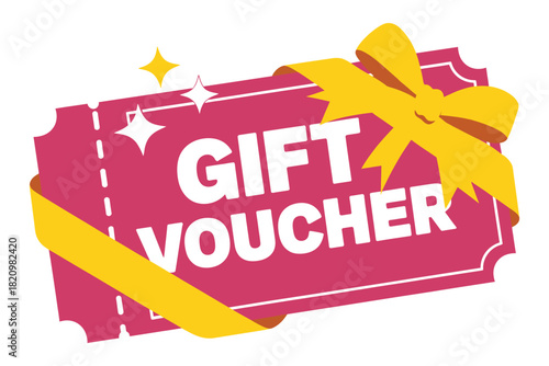 A bright pink gift voucher with a yellow ribbon and bow tied around it, featuring the words "GIFT VOUCHER" in bold white letters and sparkling accents.