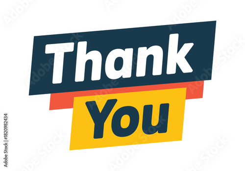 A graphic design featuring the words 'Thank You' in bold white letters against a dark blue banner, with a red accent strip and a bright yellow banner below.