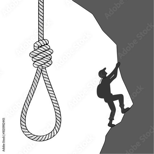 Silhouette of a climber ascending a rock face next to a hanging noose knot symbolizing danger and risk