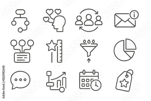 Marketing Automation Icons. Line style round icons of marketing automation: workflow icon, lead nurture, CRM sync, triggered email