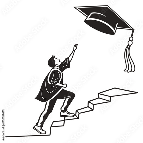 Student in graduation gown climbing stairs reaching for graduation cap tossed in air