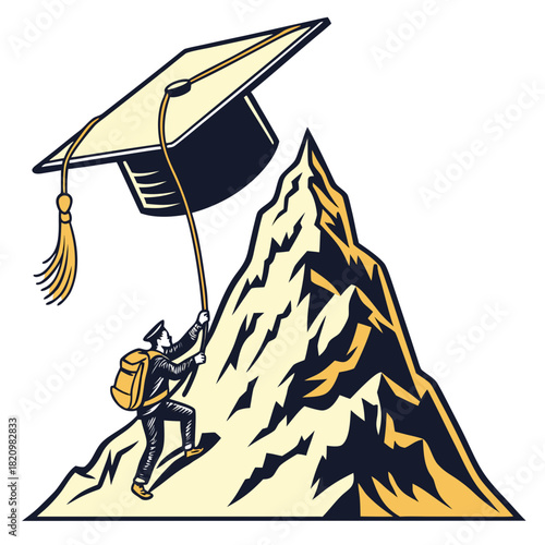 Student climbing a steep mountain peak towards a graduation cap symbolizing academic achievement and success