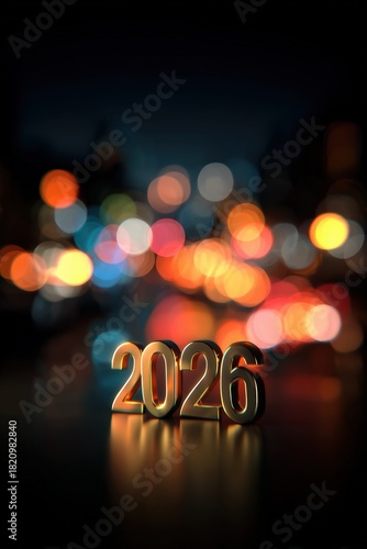The image features the year 2026 in shiny golden letters set against a colorful, blurred bokeh background, suitable for New Year promotions, future-themed content, or annual events,