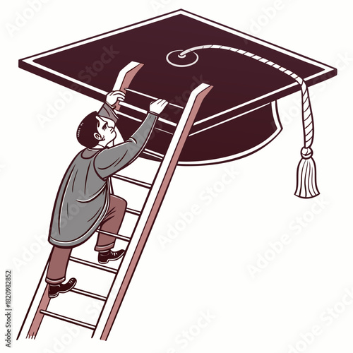Student climbs ladder towards graduation cap symbolizing the pursuit of higher education and academic achievement
