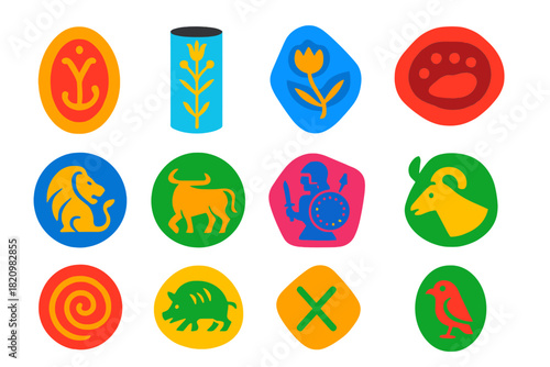 Mycenaean Seal Icons. Flat vector icons of Mycenaean Seals: carved gem, cylinder seal, engraved stone, sealing impression, lion