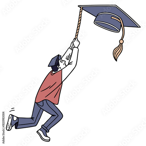 Student reaching for graduation cap on a rope symbolizing achievement and the pursuit of knowledge