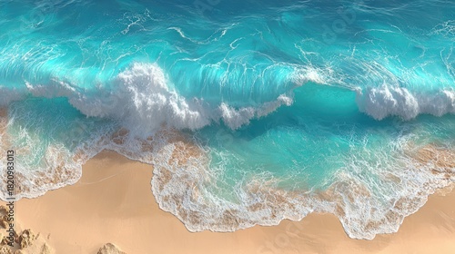 Fototapeta Naklejka Na Ścianę i Meble -  Aerial view of turquoise ocean wave crashing onto a sandy beach shore.