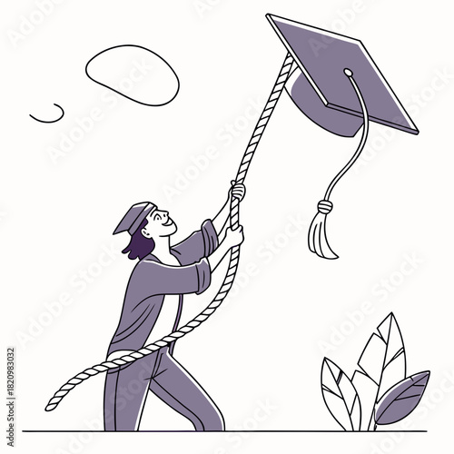 Student in graduation attire pulling a rope to raise a graduation cap towards the sky