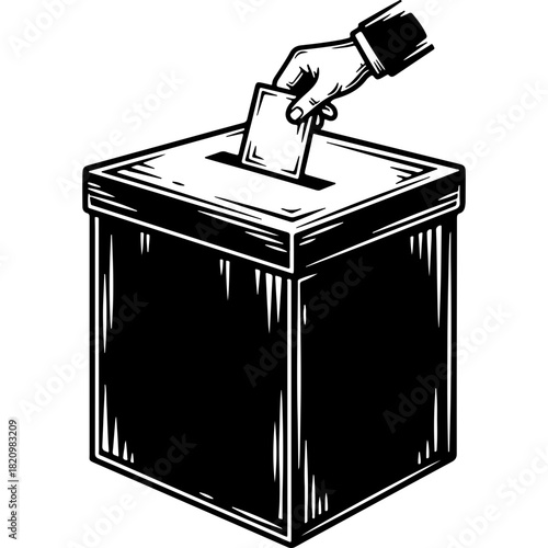 Hand casting ballot in box, woodcut style vector. Concept for election, voting, democracy, freedom, and human rights day.