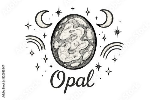 Drawing of a moon and a planet with the word "OPAL" written in cursive