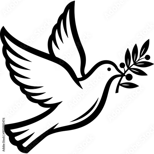 Woodcut Style Vector Illustration of a Flying Peace Dove with Olive Branch for Human Rights, Freedom, and Hope