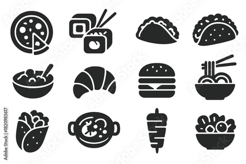 Global Cuisine Icons. Solid style icons of Cuisine: Italian pizza, Japanese sushi, Chinese dumpling, Mexican taco, Indian curry,