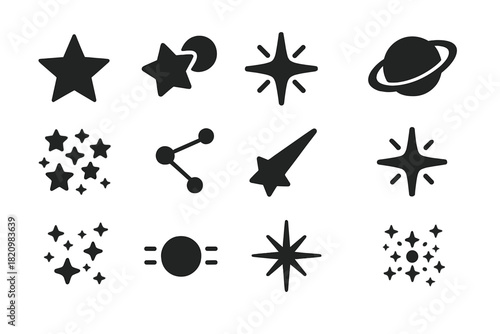 Stars and Constellations Icons. Solid style icons of Stars and Constellations: single star, binary stars, pulsar, quasar, star